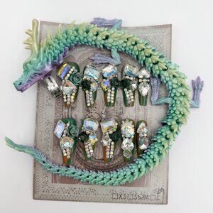 Luxury Dragon Ring Press-On Nails | Rhinestone 3D Flower | Long Coffin